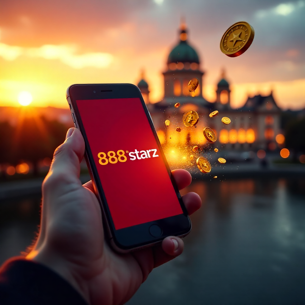 A hand holding a modern smartphone with 888starz interface, background featuring the Palace of Culture and Science in Warsaw at sunset, 888starz official red and gold colors, 3D flying gold coins and slot machine symbols bursting from the screen, hyper-re
